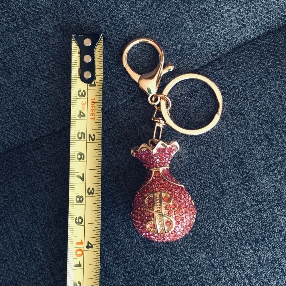 Pink Rhinestone + Gold Money Bag Bling Keychain, Purse Charm - Picture 11 of 17